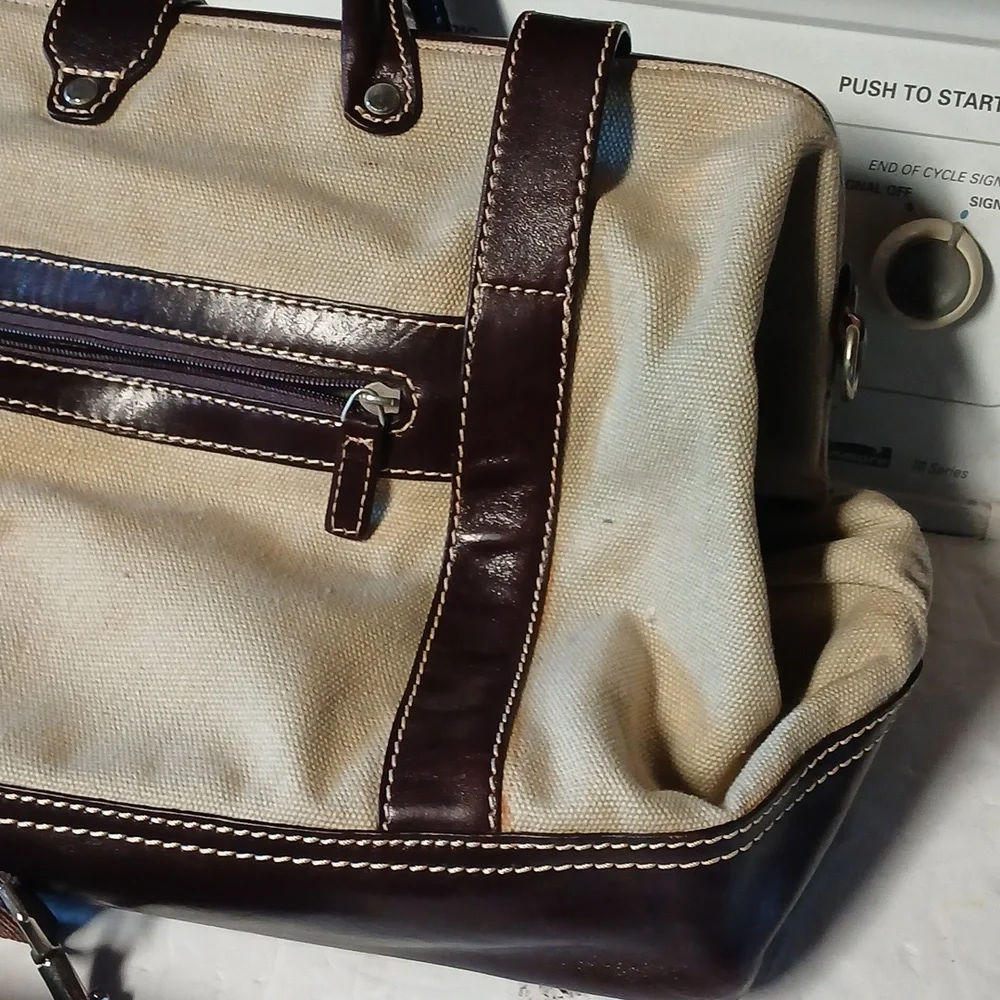 LEVENGER Canvas LEATHER Trim TOTE BAG PURSE BROWN & Tan - Picture 2 of 10